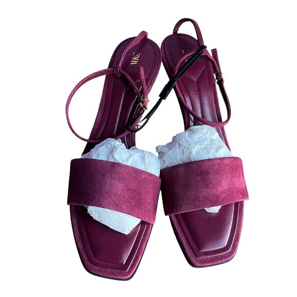 Zara Burgundy Red Suede Mid-Heel Sandals | Size 10 | Square Toe NWT Chic Trendy - Picture 7 of 9
